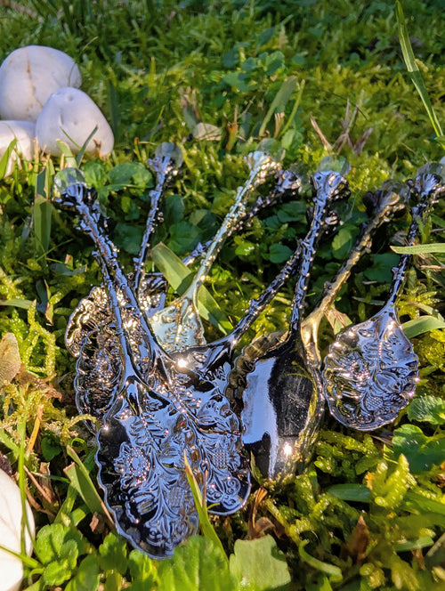Close up of silver crystal teaspoons fanned out on grass
