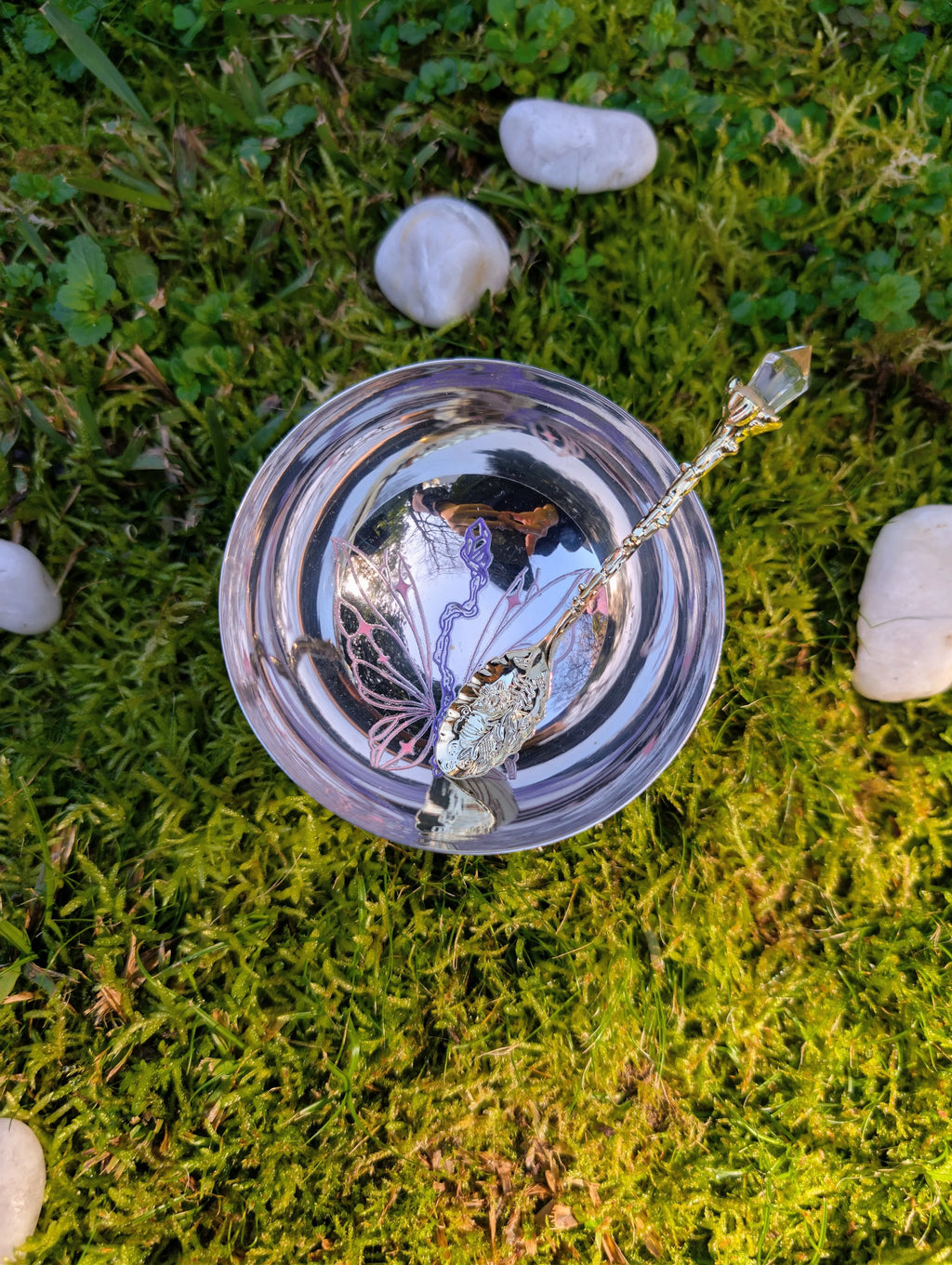 Stainless steel bowl and spoon seen from above on moss and white stones