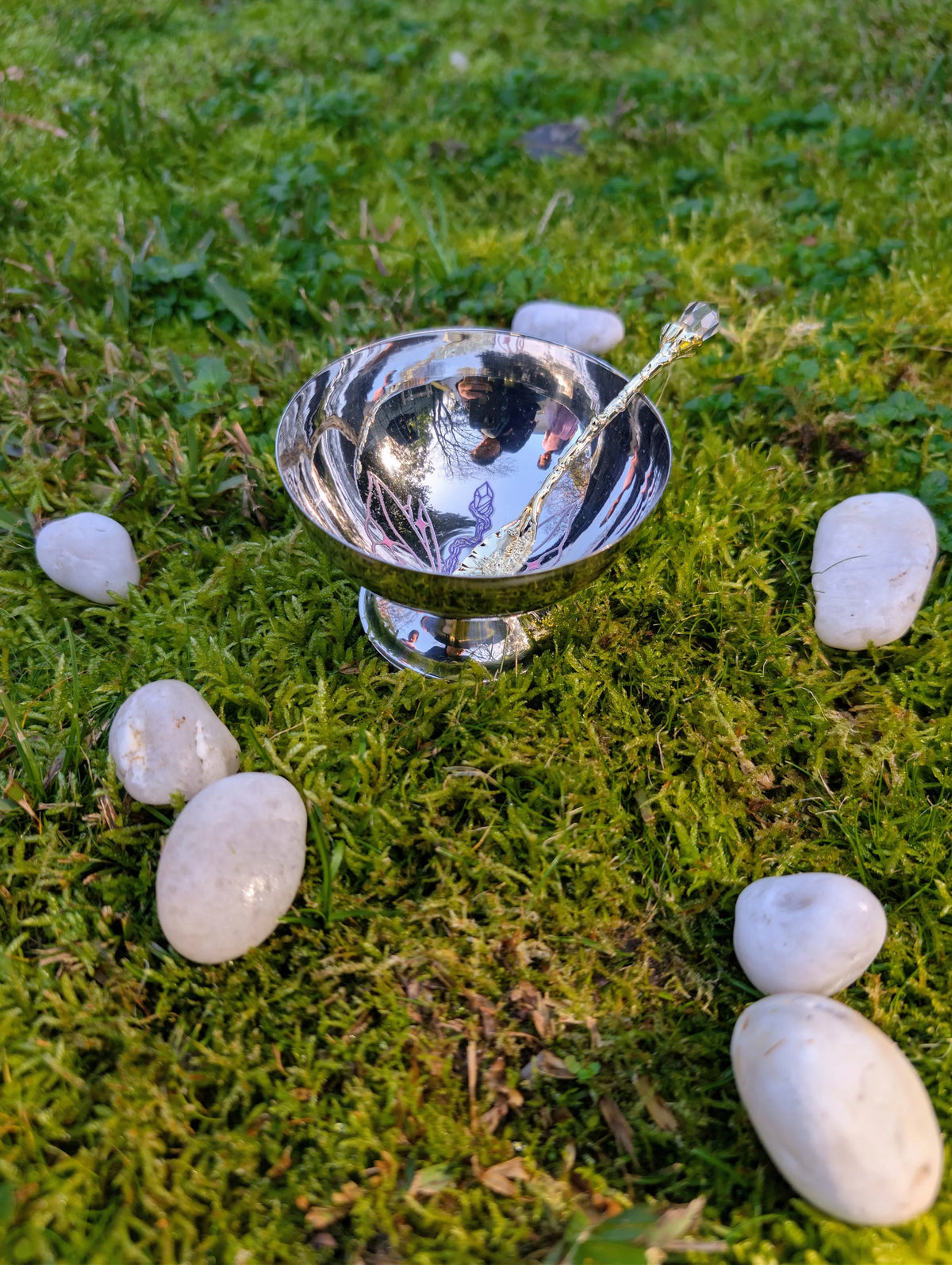 Small footed stainless steel bowl with a spoon on grass among white stones