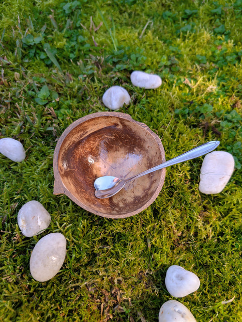 Coconut shell bowl with a heart-shaped teaspoon, seen from above on grass and white stones