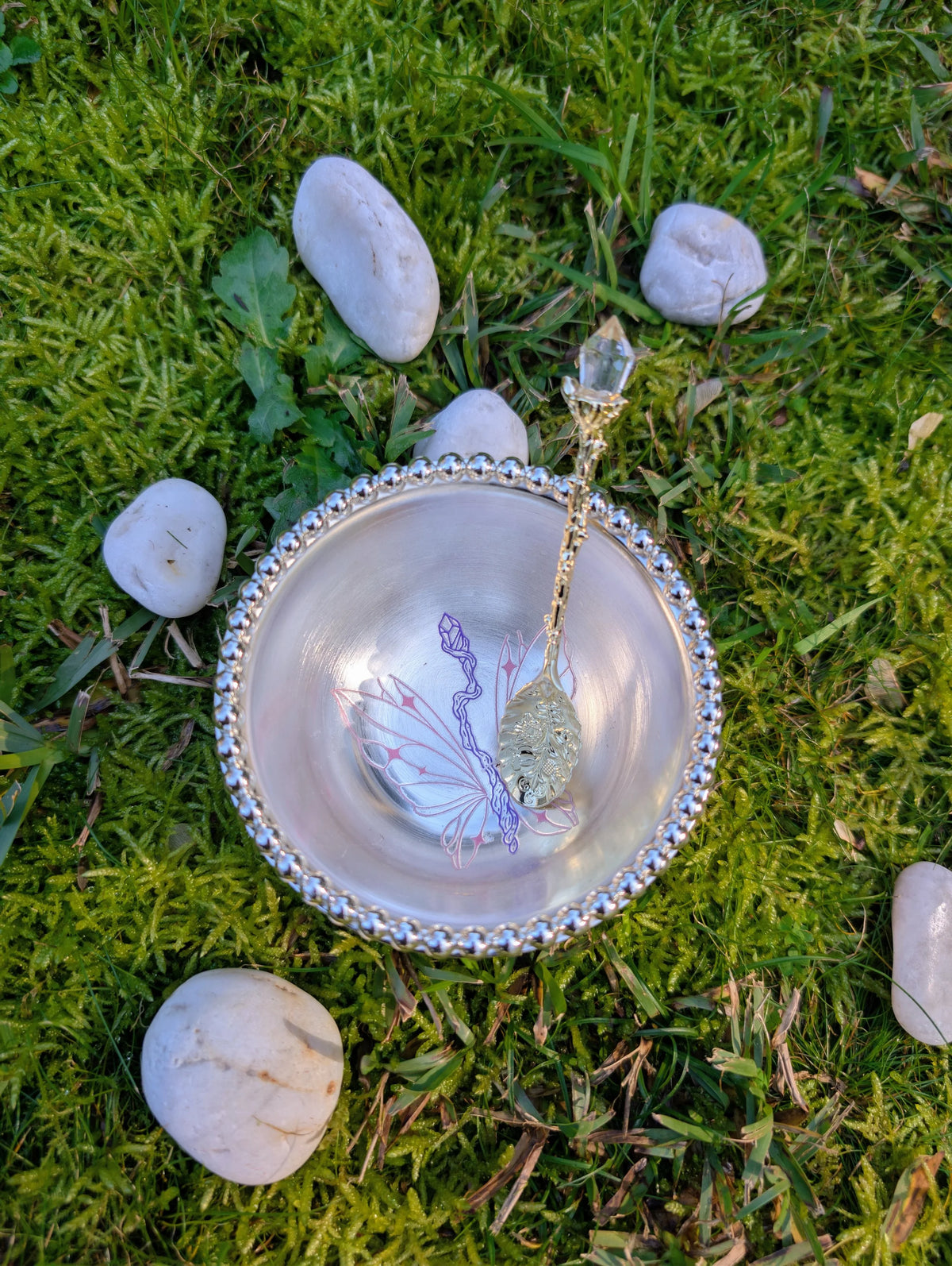 Stainless steel bowl with a leaf-shaped spoon, seen from above on moss