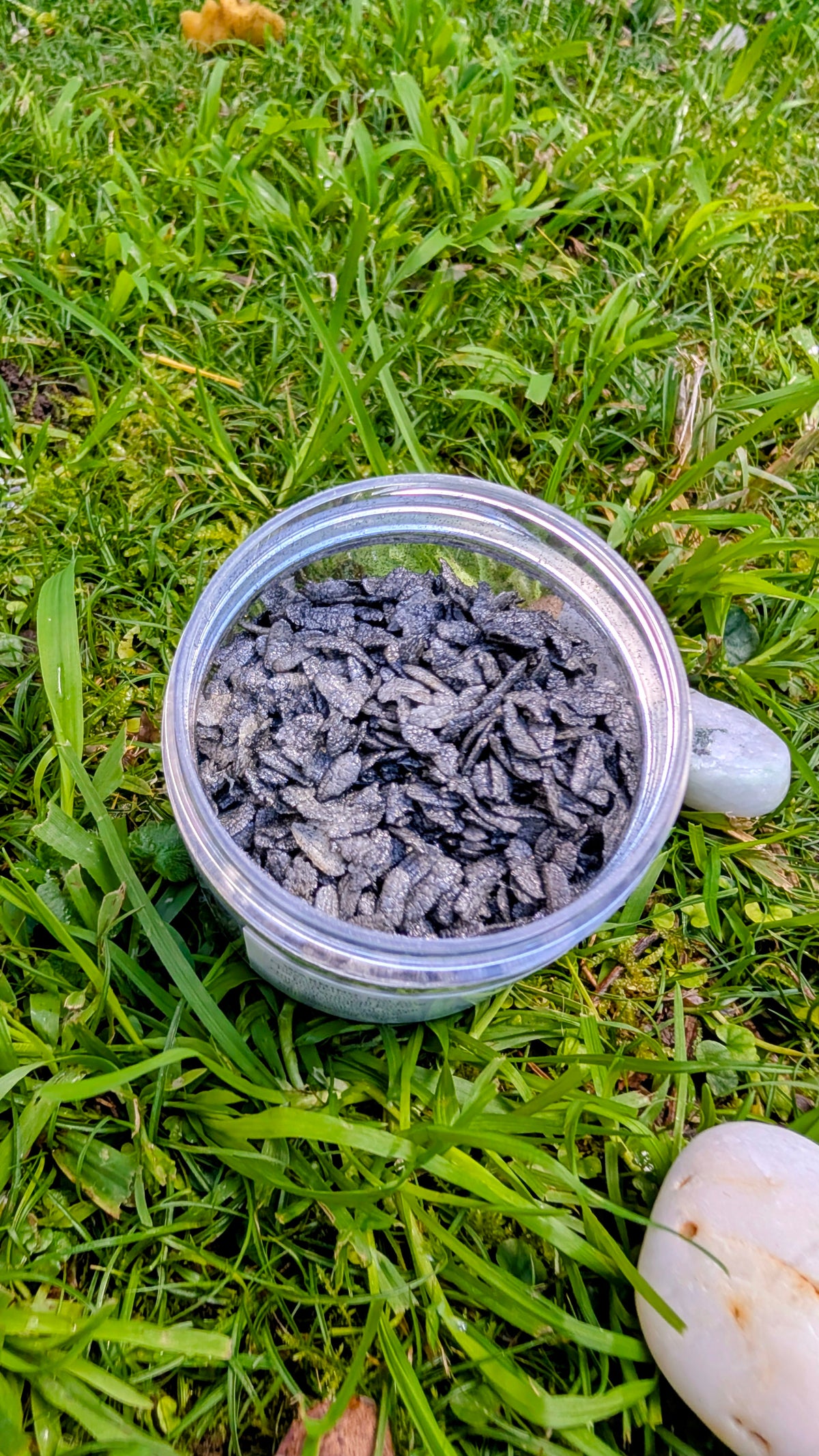 Open jar of Onyx Glint Petal Flutters, black rice flakes, seen from above on grass