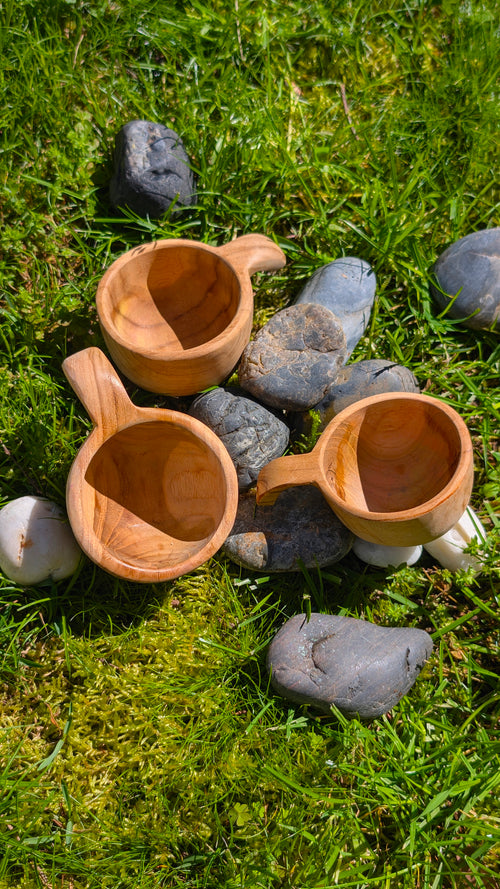 Three small wooden Papoose baby cups on grass among stones