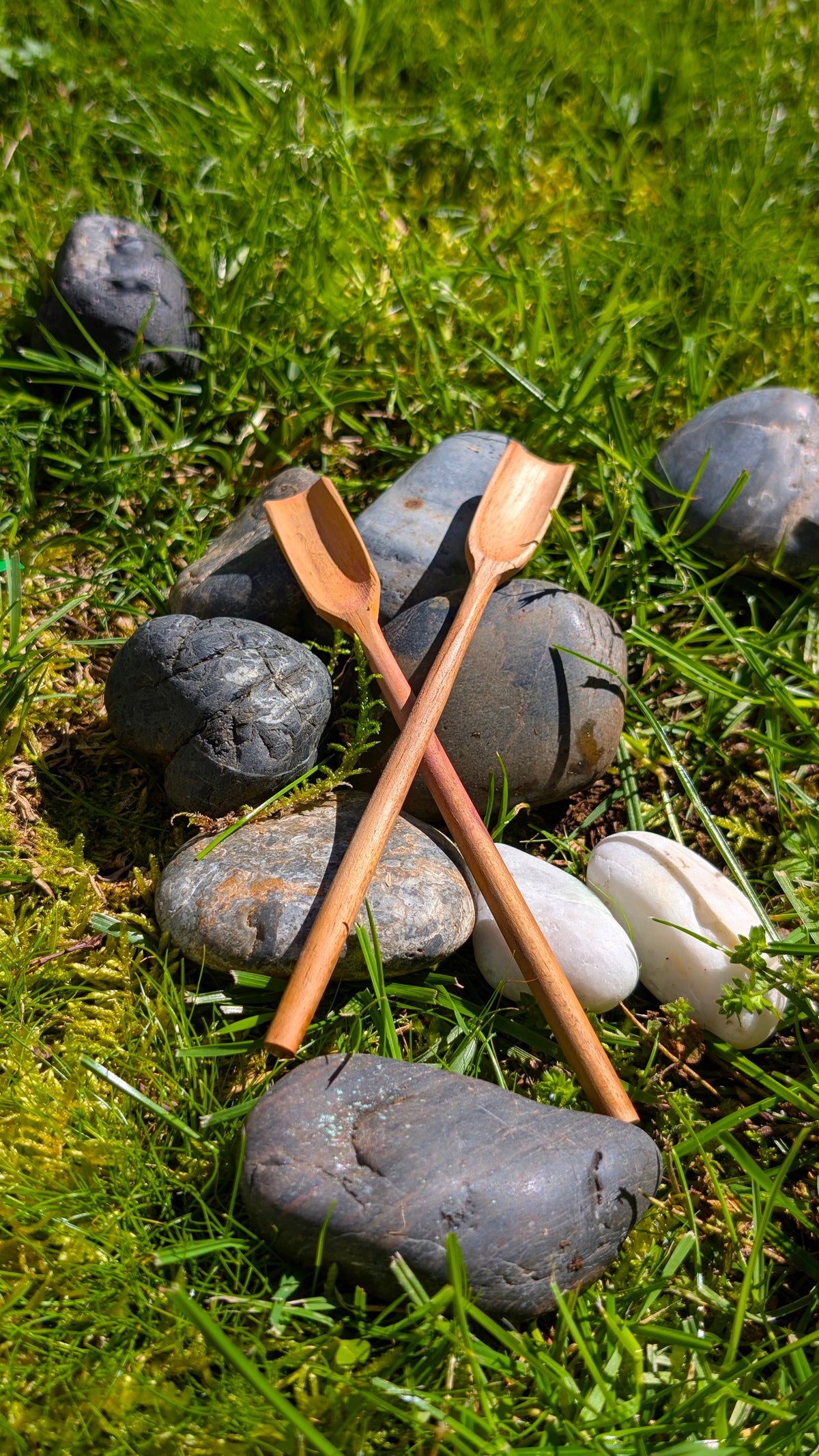 Two small wooden salt spoons crossed on grass among stones