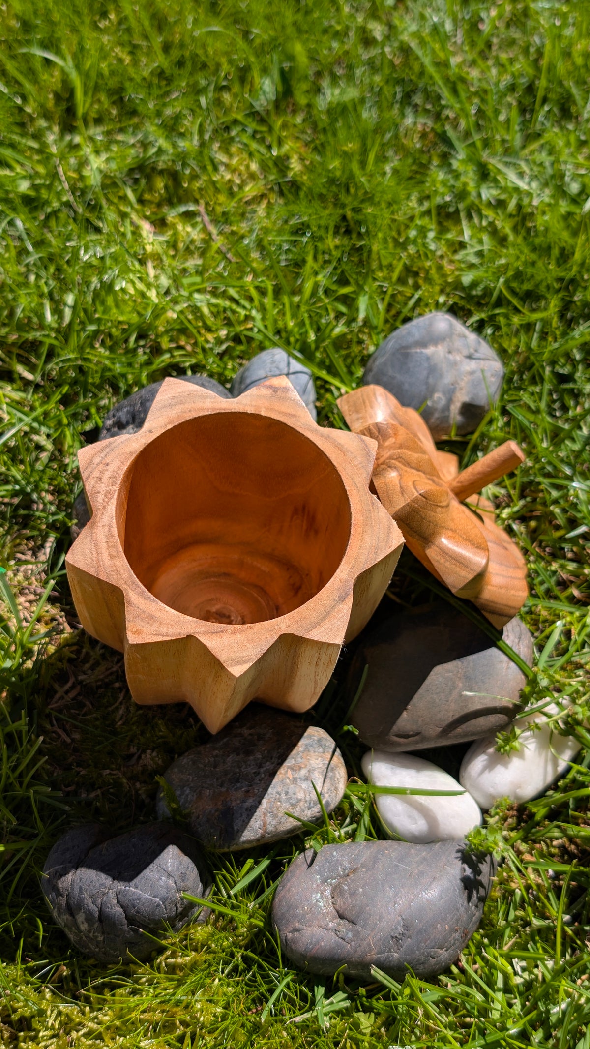 Nona wooden pot open from above with its flower-shaped lid beside it, on grass and stones